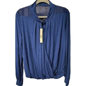 ANTONIO MELANI Designer Women's M Blue Long Sleeve Draped Wrap Sheer Top NEW